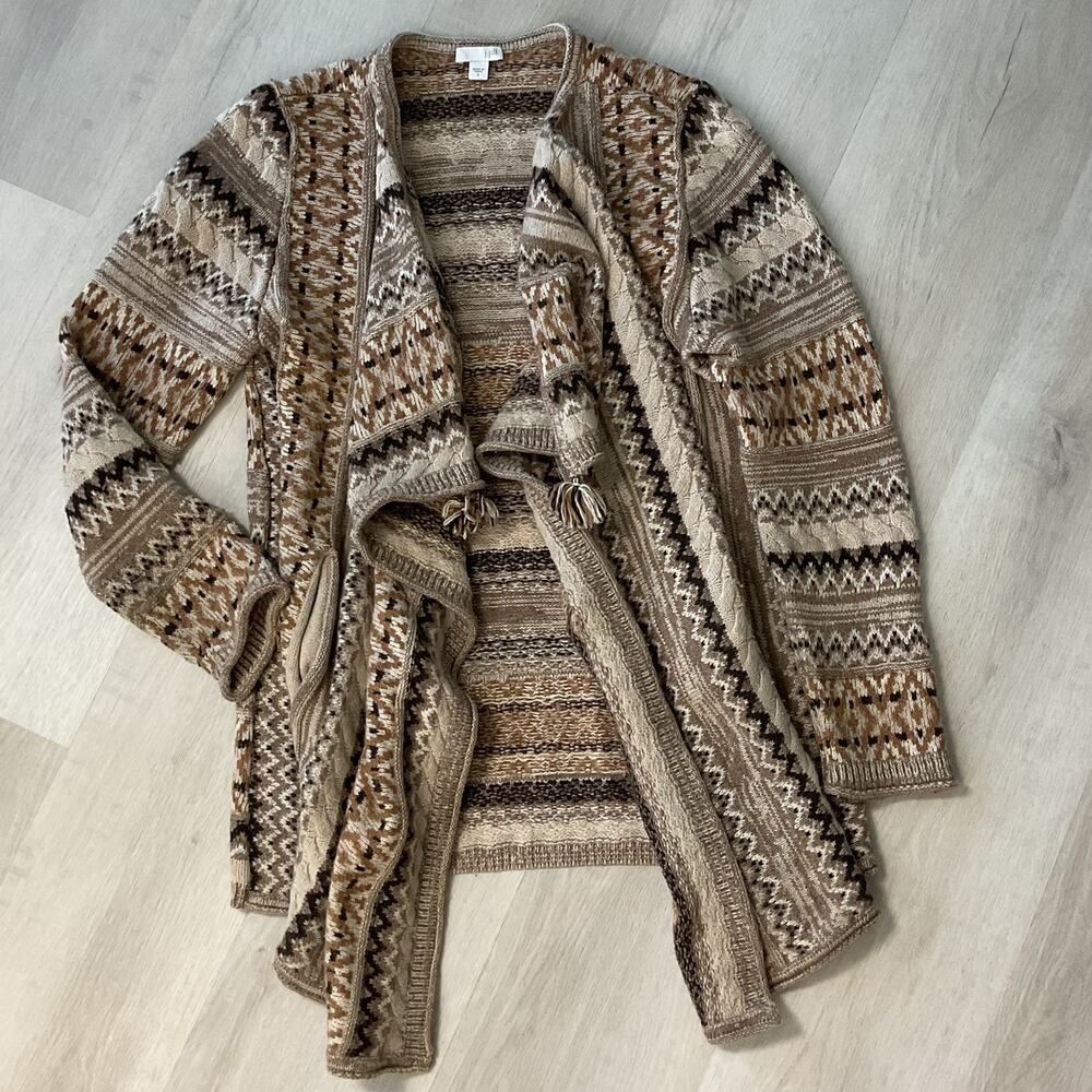 J. Jill Open Aztec Brown Boho Knit Cardigan Sweater Womens Small